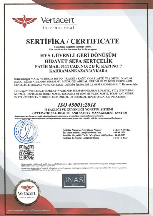 ISO 45001:2018 İş Sağlığı ve Güvenliği belgesi
