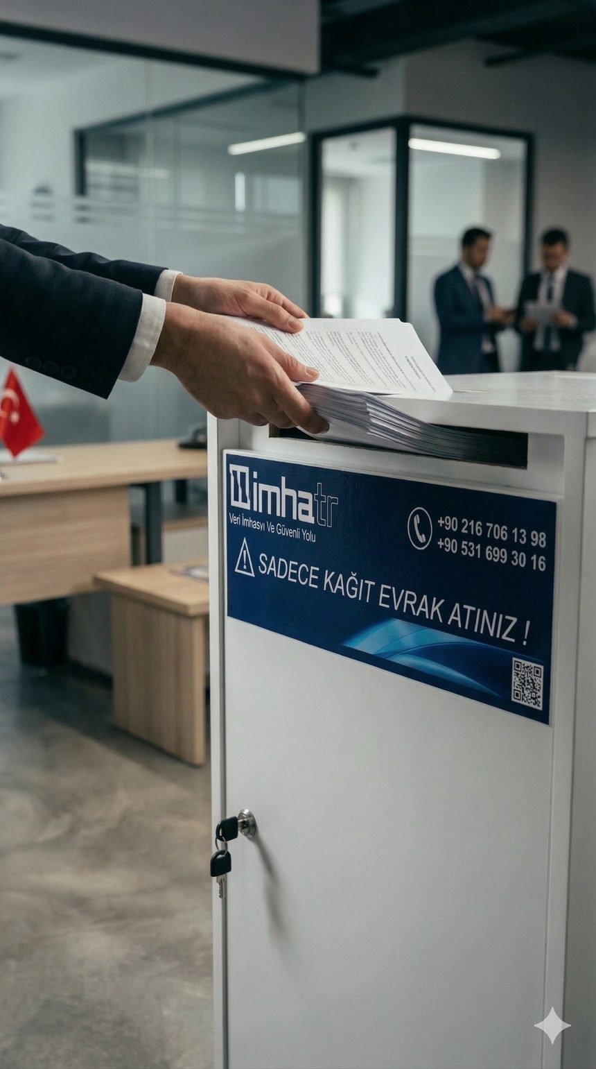 Ofiste HYS Mobil İmha güvenli evrak dolabının giriş slotuna belge atan kurum çalışanı